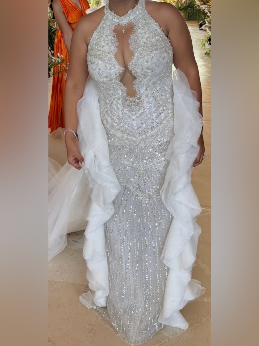 Embellished White Halter Wedding Dress